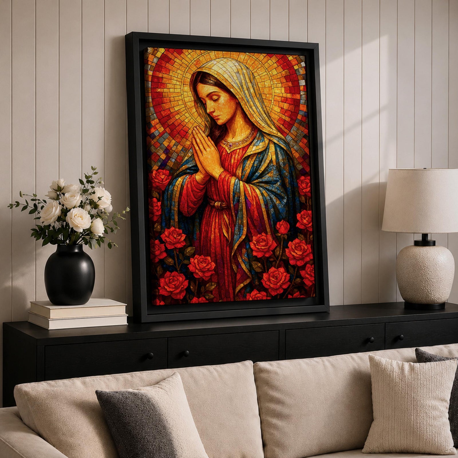 Mosaic style painting of the Blessed Virgin Mary with hands together in prayer, depicted in a stained glass inspired composition with a radiant circular halo made of small colored tiles behind her head while she wears flowing robes and stands among blooming roses, forming a devotional Madonna portrait with rich geometric texture and intricate mosaic detailing.