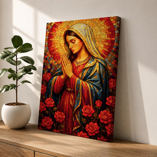 Mosaic style painting of the Blessed Virgin Mary with hands together in prayer, depicted in a stained glass inspired composition with a radiant circular halo made of small colored tiles behind her head while she wears flowing robes and stands among blooming roses, forming a devotional Madonna portrait with rich geometric texture and intricate mosaic detailing.