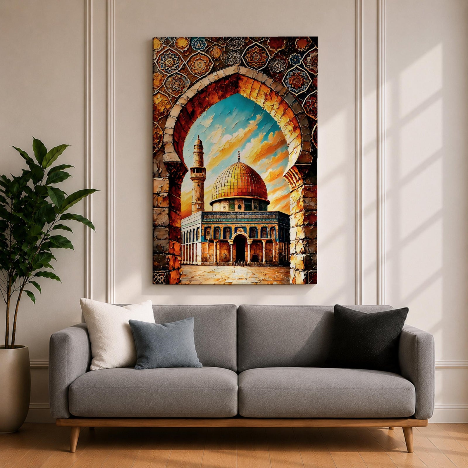 A vibrant mosaic-style artwork depicting the Dome of the Rock with its iconic golden dome framed by an ornate archway decorated with geometric and floral tile patterns, set against a bright sky with clouds, capturing the architectural and cultural essence of this historic Islamic landmark.