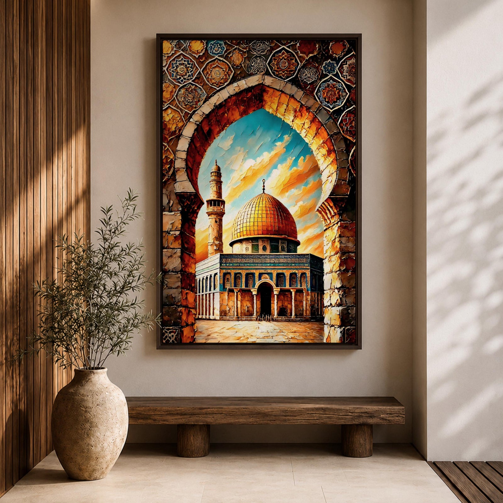 A vibrant mosaic-style artwork depicting the Dome of the Rock with its iconic golden dome framed by an ornate archway decorated with geometric and floral tile patterns, set against a bright sky with clouds, capturing the architectural and cultural essence of this historic Islamic landmark.