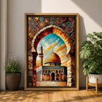 A vibrant mosaic-style artwork depicting the Dome of the Rock with its iconic golden dome framed by an ornate archway decorated with geometric and floral tile patterns, set against a bright sky with clouds, capturing the architectural and cultural essence of this historic Islamic landmark.