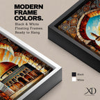 A vibrant mosaic-style artwork depicting the Dome of the Rock with its iconic golden dome framed by an ornate archway decorated with geometric and floral tile patterns, set against a bright sky with clouds, capturing the architectural and cultural essence of this historic Islamic landmark.
