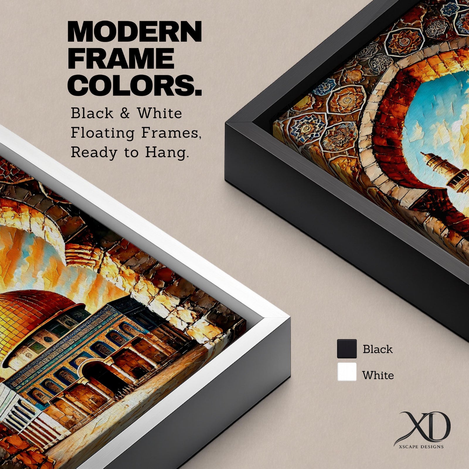 A vibrant mosaic-style artwork depicting the Dome of the Rock with its iconic golden dome framed by an ornate archway decorated with geometric and floral tile patterns, set against a bright sky with clouds, capturing the architectural and cultural essence of this historic Islamic landmark.