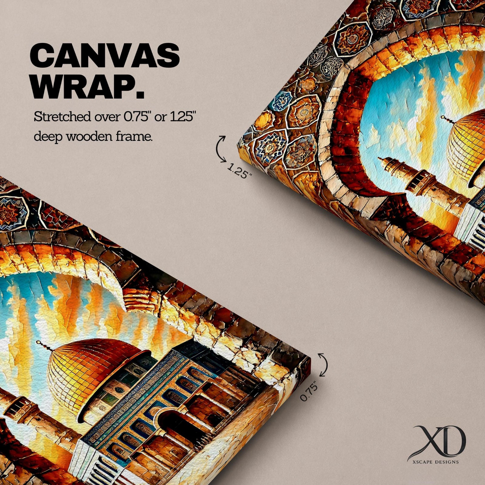 A vibrant mosaic-style artwork depicting the Dome of the Rock with its iconic golden dome framed by an ornate archway decorated with geometric and floral tile patterns, set against a bright sky with clouds, capturing the architectural and cultural essence of this historic Islamic landmark.