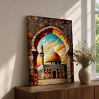 A vibrant mosaic-style artwork depicting the Dome of the Rock with its iconic golden dome framed by an ornate archway decorated with geometric and floral tile patterns, set against a bright sky with clouds, capturing the architectural and cultural essence of this historic Islamic landmark.