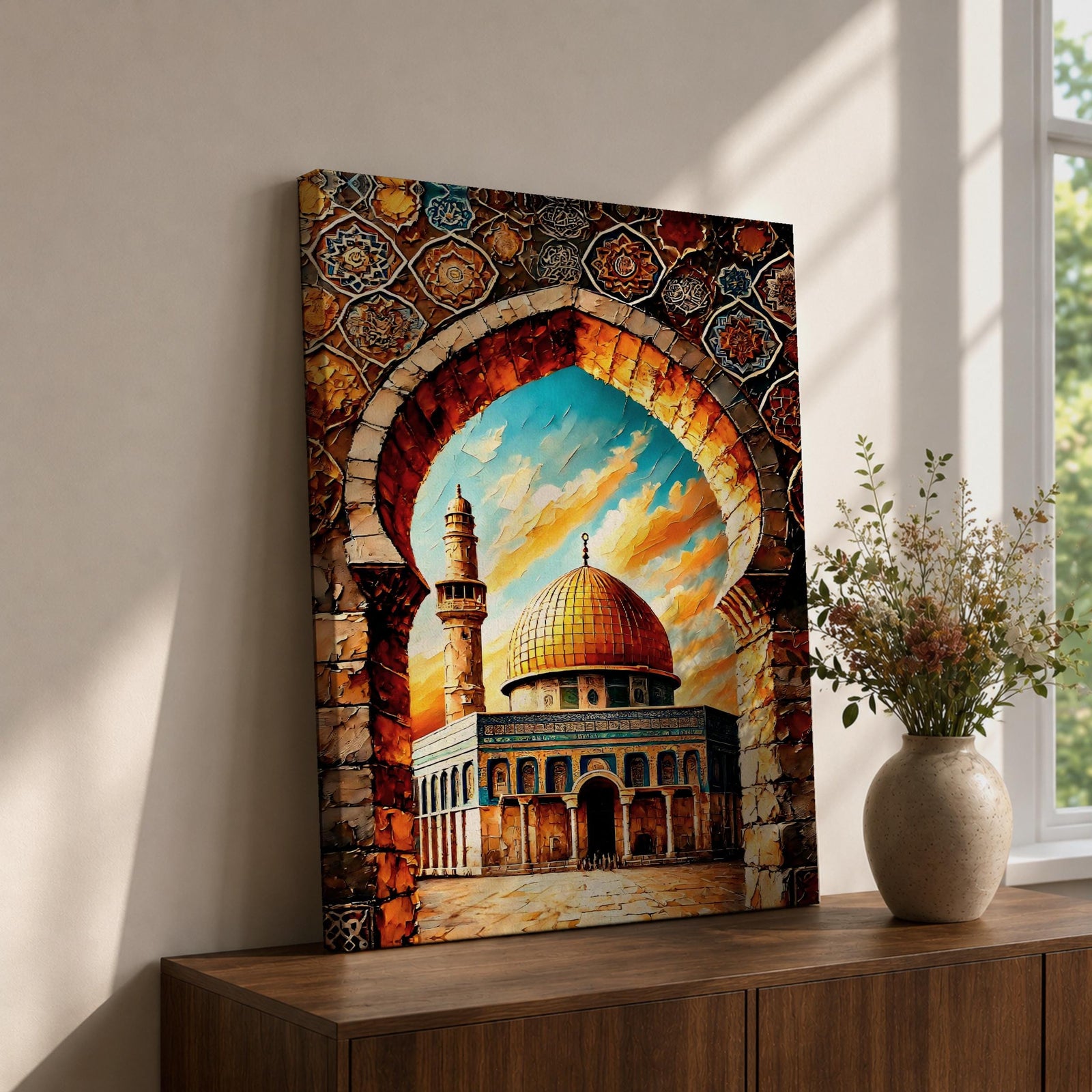 A vibrant mosaic-style artwork depicting the Dome of the Rock with its iconic golden dome framed by an ornate archway decorated with geometric and floral tile patterns, set against a bright sky with clouds, capturing the architectural and cultural essence of this historic Islamic landmark.