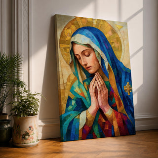 Mosaic style portrait of the Blessed Virgin Mary shown with eyes gently lowered and hands folded in prayer, wearing a blue veil and layered robes while a radiant golden halo composed of geometric tile shapes forms behind her head, rendered in a stained glass inspired composition with textured brushwork and devotional Madonna iconography.