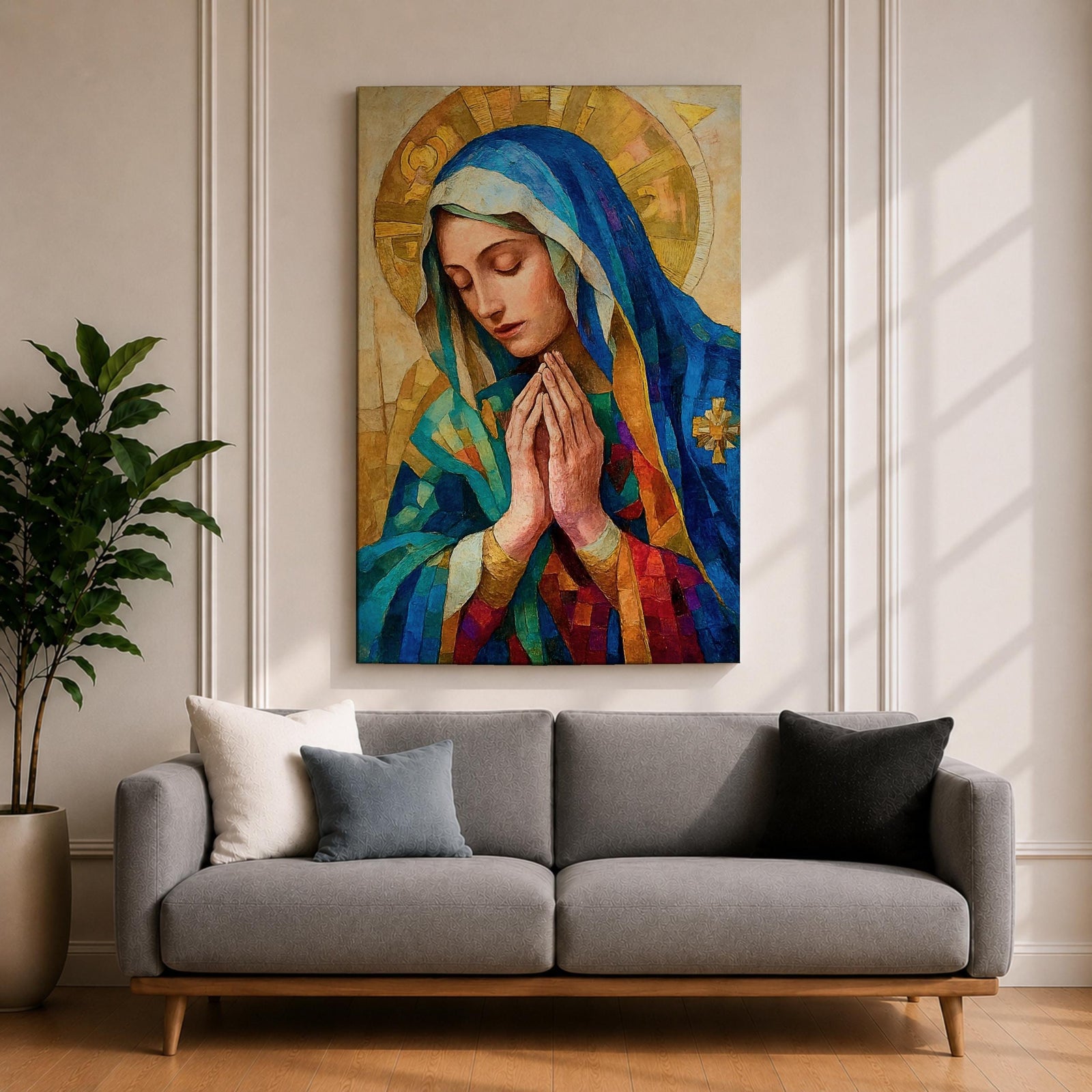 Mosaic style portrait of the Blessed Virgin Mary shown with eyes gently lowered and hands folded in prayer, wearing a blue veil and layered robes while a radiant golden halo composed of geometric tile shapes forms behind her head, rendered in a stained glass inspired composition with textured brushwork and devotional Madonna iconography.