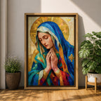 Mosaic style portrait of the Blessed Virgin Mary shown with eyes gently lowered and hands folded in prayer, wearing a blue veil and layered robes while a radiant golden halo composed of geometric tile shapes forms behind her head, rendered in a stained glass inspired composition with textured brushwork and devotional Madonna iconography.