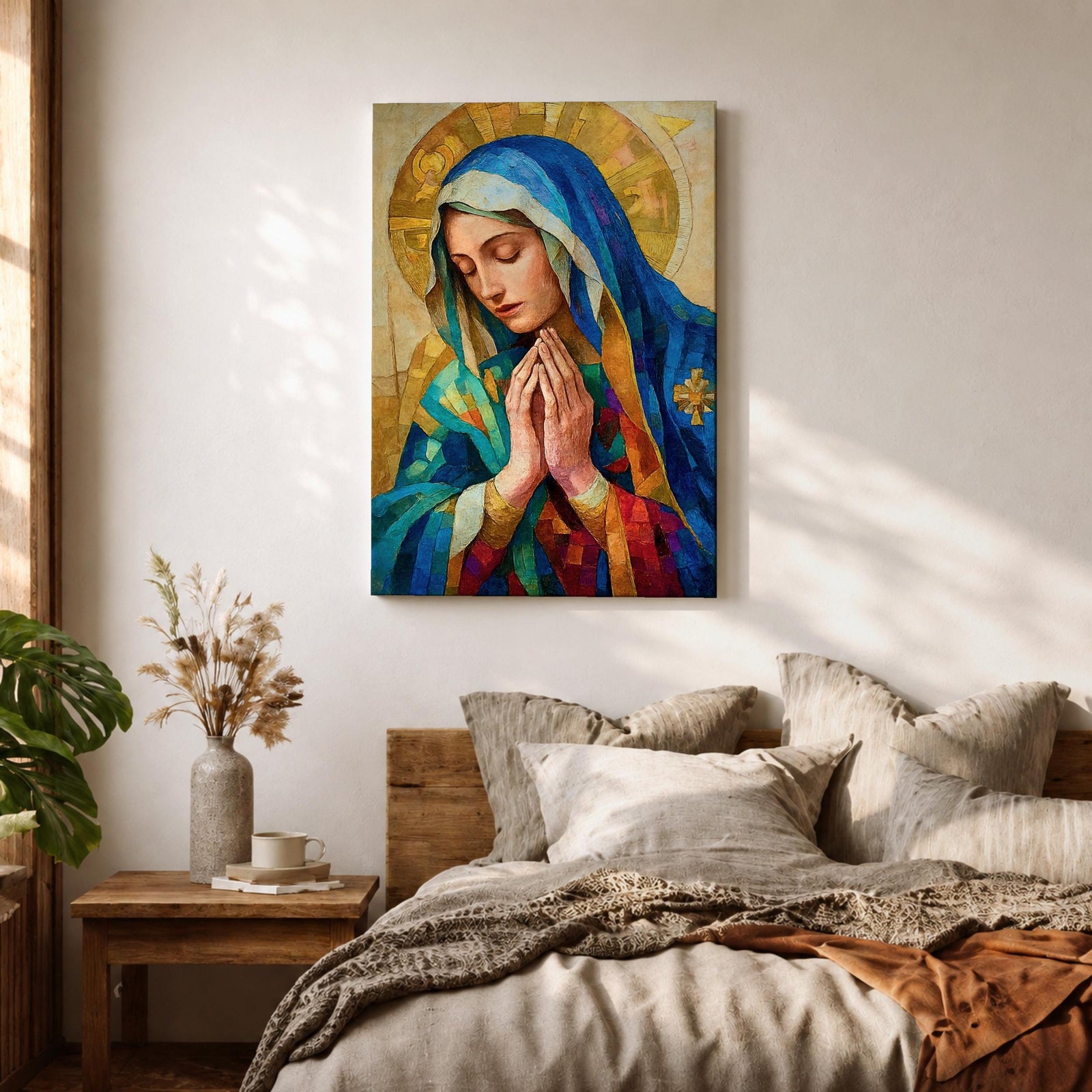 Mosaic style portrait of the Blessed Virgin Mary shown with eyes gently lowered and hands folded in prayer, wearing a blue veil and layered robes while a radiant golden halo composed of geometric tile shapes forms behind her head, rendered in a stained glass inspired composition with textured brushwork and devotional Madonna iconography.