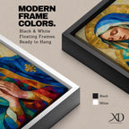Mosaic style portrait of the Blessed Virgin Mary shown with eyes gently lowered and hands folded in prayer, wearing a blue veil and layered robes while a radiant golden halo composed of geometric tile shapes forms behind her head, rendered in a stained glass inspired composition with textured brushwork and devotional Madonna iconography.