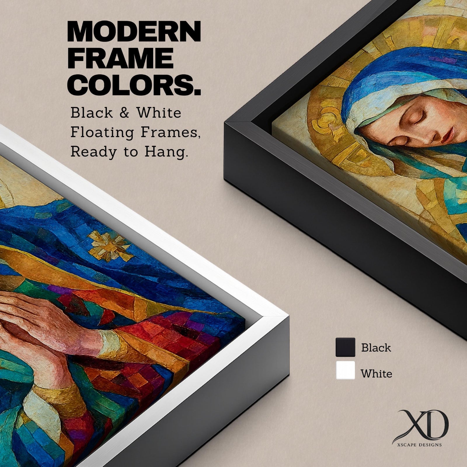 Mosaic style portrait of the Blessed Virgin Mary shown with eyes gently lowered and hands folded in prayer, wearing a blue veil and layered robes while a radiant golden halo composed of geometric tile shapes forms behind her head, rendered in a stained glass inspired composition with textured brushwork and devotional Madonna iconography.