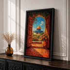 An oil-style painting depicting the Dome of the Rock viewed through an open wooden doorway surrounded by blooming flowers and greenery. The scene captures the iconic golden dome and blue base of the shrine with vibrant floral elements in the foreground, rendered in a richly textured, impressionistic style.