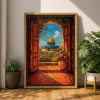 An oil-style painting depicting the Dome of the Rock viewed through an open wooden doorway surrounded by blooming flowers and greenery. The scene captures the iconic golden dome and blue base of the shrine with vibrant floral elements in the foreground, rendered in a richly textured, impressionistic style.