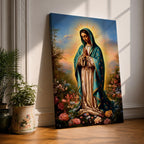 A detailed framed canvas print depicting Our Lady of Guadalupe, also known as the Virgin of Guadalupe, standing with hands clasped in prayer, surrounded by radiant light and floral elements, rendered in a realistic and vibrant style emphasizing religious Catholic iconography.