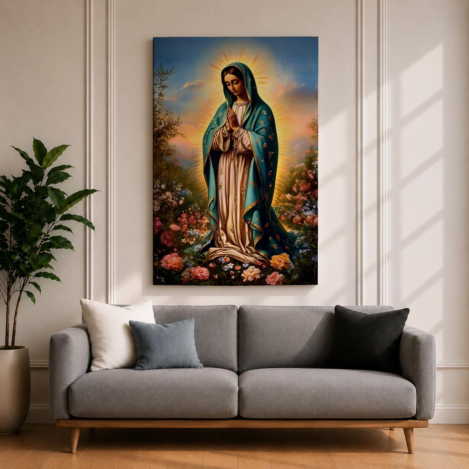 A detailed framed canvas print depicting Our Lady of Guadalupe, also known as the Virgin of Guadalupe, standing with hands clasped in prayer, surrounded by radiant light and floral elements, rendered in a realistic and vibrant style emphasizing religious Catholic iconography.