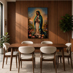 A detailed framed canvas print depicting Our Lady of Guadalupe, also known as the Virgin of Guadalupe, standing with hands clasped in prayer, surrounded by radiant light and floral elements, rendered in a realistic and vibrant style emphasizing religious Catholic iconography.