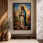A detailed framed canvas print depicting Our Lady of Guadalupe, also known as the Virgin of Guadalupe, standing with hands clasped in prayer, surrounded by radiant light and floral elements, rendered in a realistic and vibrant style emphasizing religious Catholic iconography.