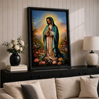 A detailed framed canvas print depicting Our Lady of Guadalupe, also known as the Virgin of Guadalupe, standing with hands clasped in prayer, surrounded by radiant light and floral elements, rendered in a realistic and vibrant style emphasizing religious Catholic iconography.