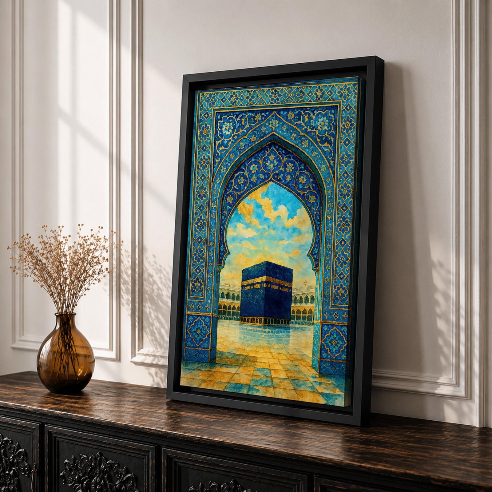 Persian mosaic style illustration of the Kaaba at Masjid Al Haram in Mecca viewed through an ornate archway, featuring the sacred black cube at the center of the mosque courtyard surrounded by intricate geometric tile patterns and architectural arches, rendered with rich colors and detailed mosaic textures inspired by Islamic art.