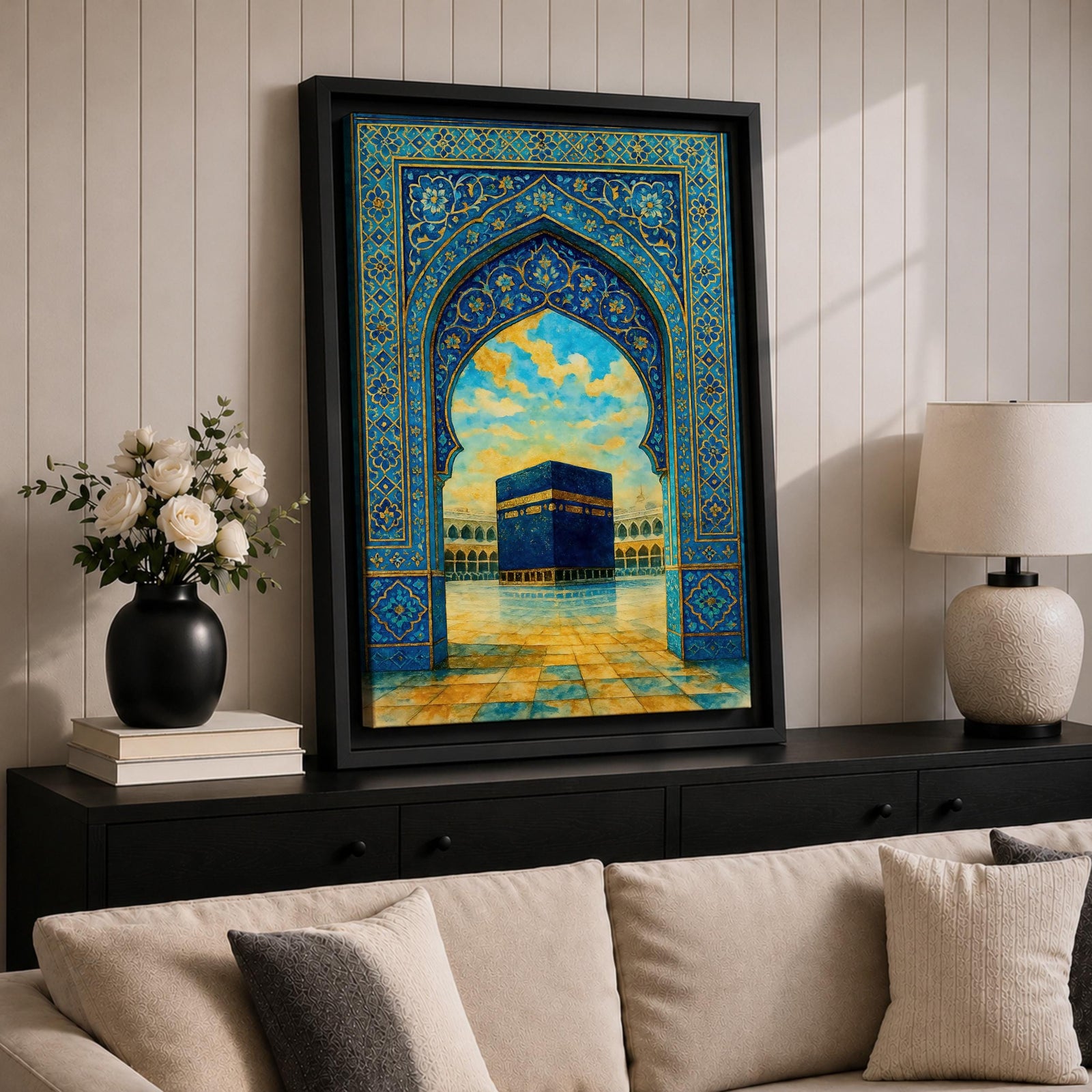 Persian mosaic style illustration of the Kaaba at Masjid Al Haram in Mecca viewed through an ornate archway, featuring the sacred black cube at the center of the mosque courtyard surrounded by intricate geometric tile patterns and architectural arches, rendered with rich colors and detailed mosaic textures inspired by Islamic art.