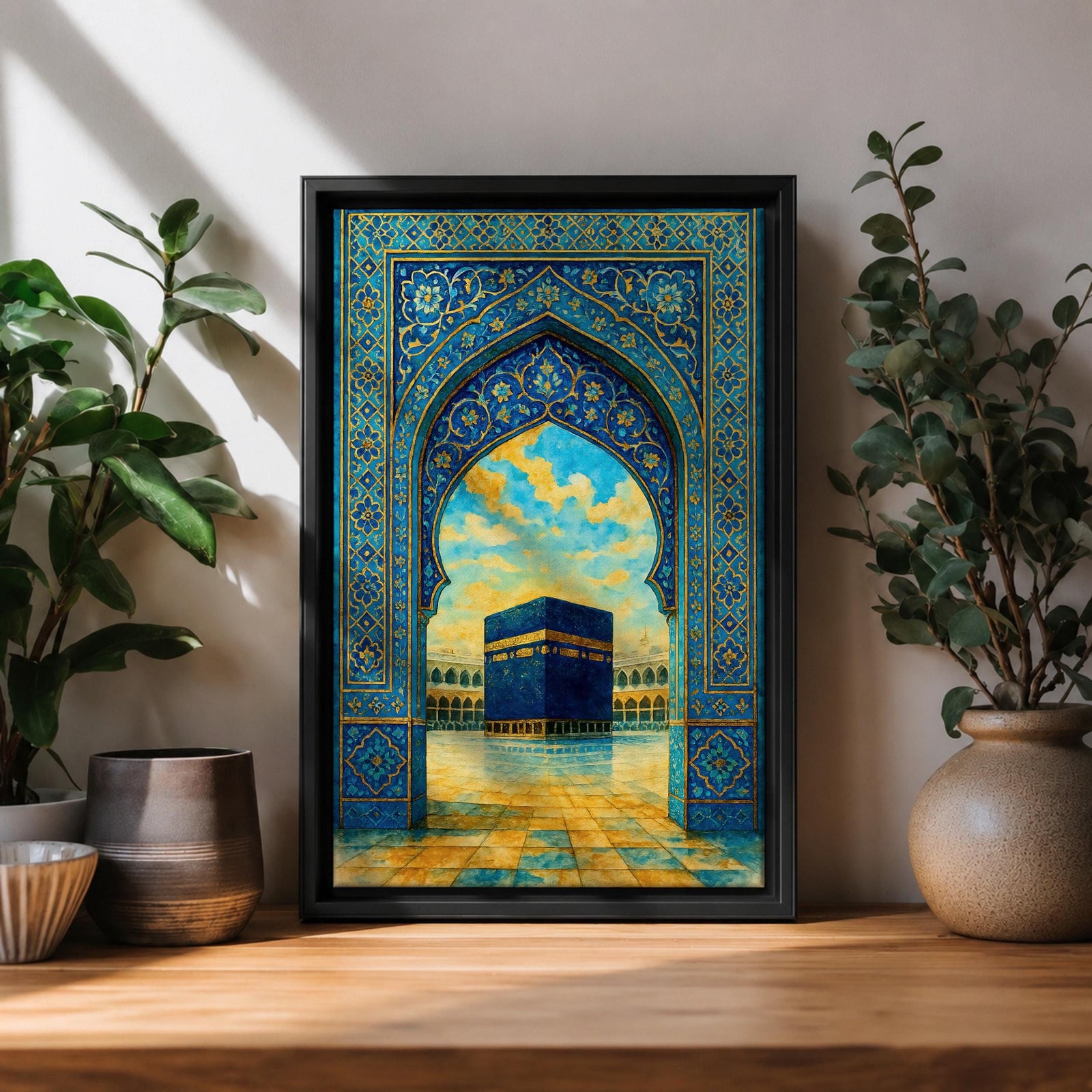 Persian mosaic style illustration of the Kaaba at Masjid Al Haram in Mecca viewed through an ornate archway, featuring the sacred black cube at the center of the mosque courtyard surrounded by intricate geometric tile patterns and architectural arches, rendered with rich colors and detailed mosaic textures inspired by Islamic art.