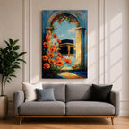 A vibrant painting depicting the Kaaba framed by an ancient stone arch adorned with bright orange flowers. The artwork captures the iconic Islamic holy site with a clear blue sky background, rendered in a realistic style emphasizing architectural and floral details.