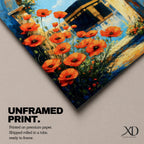 A vibrant painting depicting the Kaaba framed by an ancient stone arch adorned with bright orange flowers. The artwork captures the iconic Islamic holy site with a clear blue sky background, rendered in a realistic style emphasizing architectural and floral details.