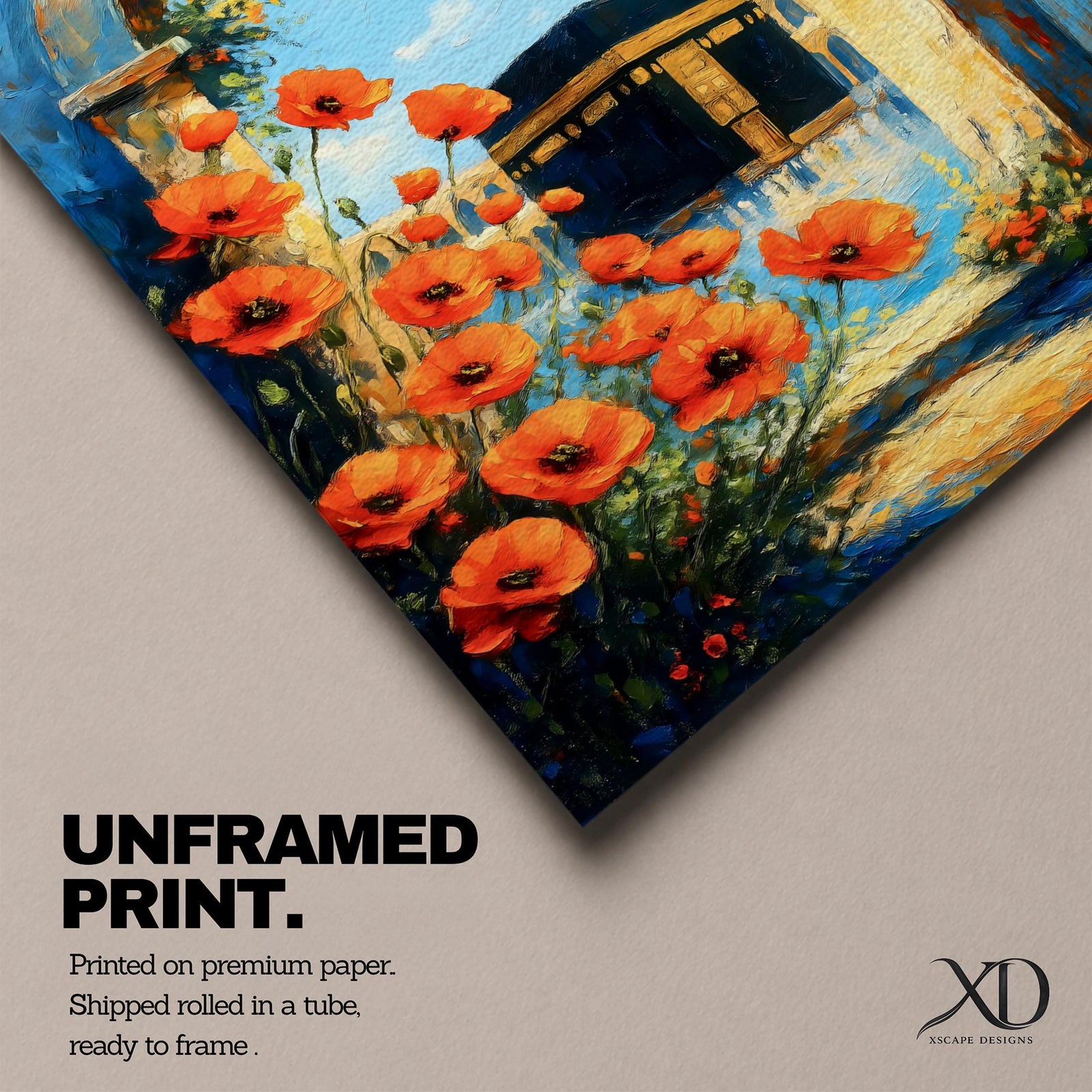 A vibrant painting depicting the Kaaba framed by an ancient stone arch adorned with bright orange flowers. The artwork captures the iconic Islamic holy site with a clear blue sky background, rendered in a realistic style emphasizing architectural and floral details.