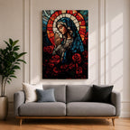 A stained glass style depiction of Virgin Mary with hands clasped in prayer, surrounded by red roses and a radiant halo behind her head. The image uses vibrant colors and intricate glass-like textures to create a mosaic effect emphasizing religious devotion and reverence.