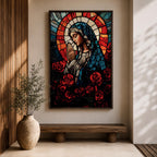 A stained glass style depiction of Virgin Mary with hands clasped in prayer, surrounded by red roses and a radiant halo behind her head. The image uses vibrant colors and intricate glass-like textures to create a mosaic effect emphasizing religious devotion and reverence.