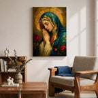 Portrait painting of the Blessed Virgin Mary shown with eyes gently closed and hands clasped in prayer, wearing a blue veil and cream garment while a radiant golden halo glows behind her head, with red roses appearing beside her in a devotional Madonna composition rendered in a soft classical style with warm painterly brushwork.