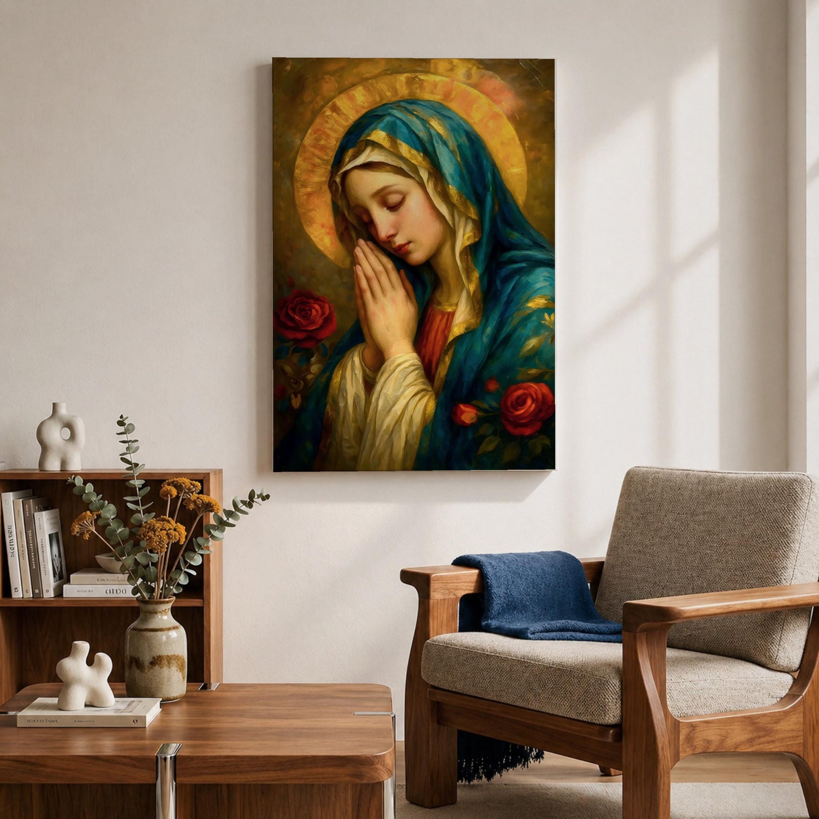 Portrait painting of the Blessed Virgin Mary shown with eyes gently closed and hands clasped in prayer, wearing a blue veil and cream garment while a radiant golden halo glows behind her head, with red roses appearing beside her in a devotional Madonna composition rendered in a soft classical style with warm painterly brushwork.