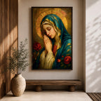 Portrait painting of the Blessed Virgin Mary shown with eyes gently closed and hands clasped in prayer, wearing a blue veil and cream garment while a radiant golden halo glows behind her head, with red roses appearing beside her in a devotional Madonna composition rendered in a soft classical style with warm painterly brushwork.
