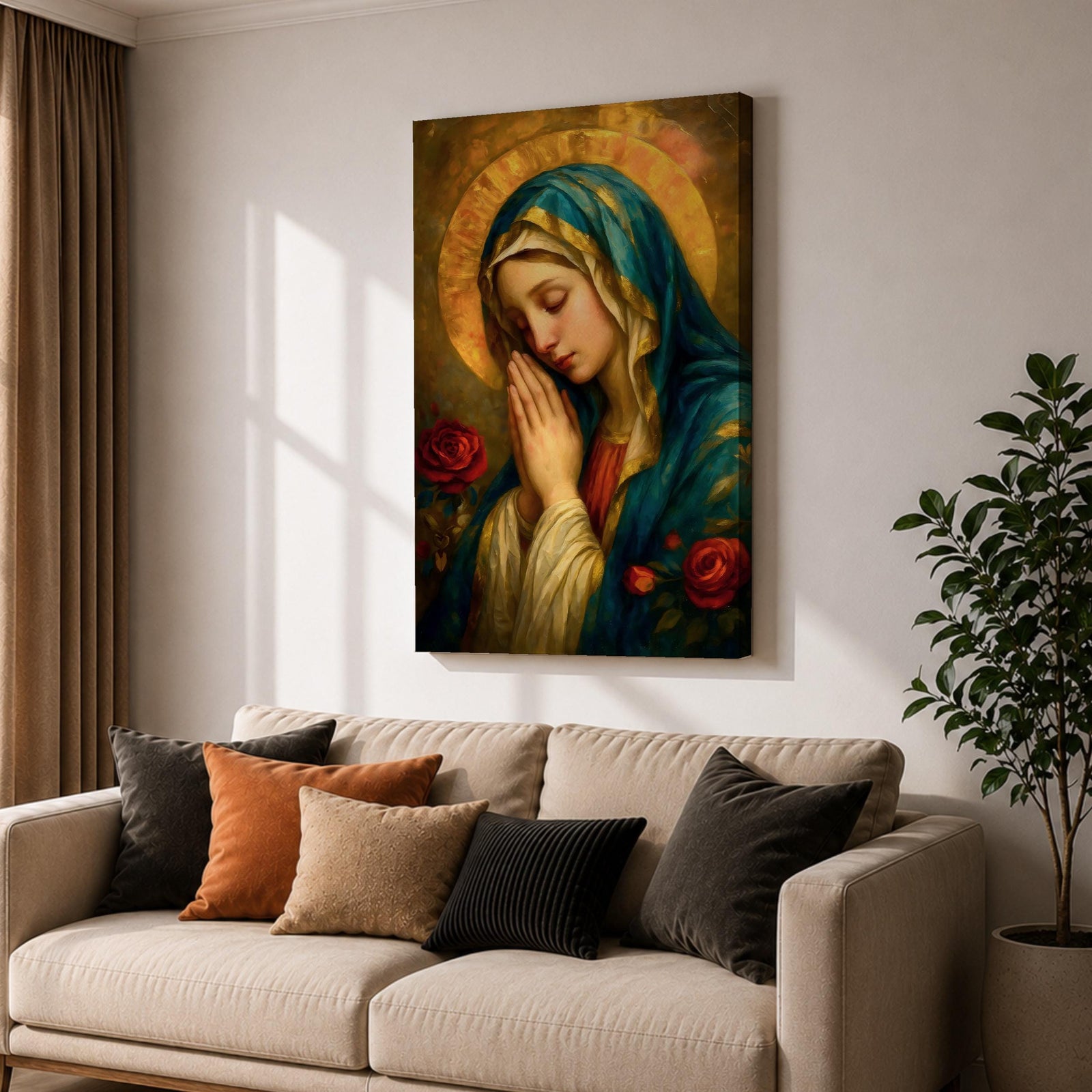 Portrait painting of the Blessed Virgin Mary shown with eyes gently closed and hands clasped in prayer, wearing a blue veil and cream garment while a radiant golden halo glows behind her head, with red roses appearing beside her in a devotional Madonna composition rendered in a soft classical style with warm painterly brushwork.