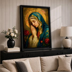 Portrait painting of the Blessed Virgin Mary shown with eyes gently closed and hands clasped in prayer, wearing a blue veil and cream garment while a radiant golden halo glows behind her head, with red roses appearing beside her in a devotional Madonna composition rendered in a soft classical style with warm painterly brushwork.