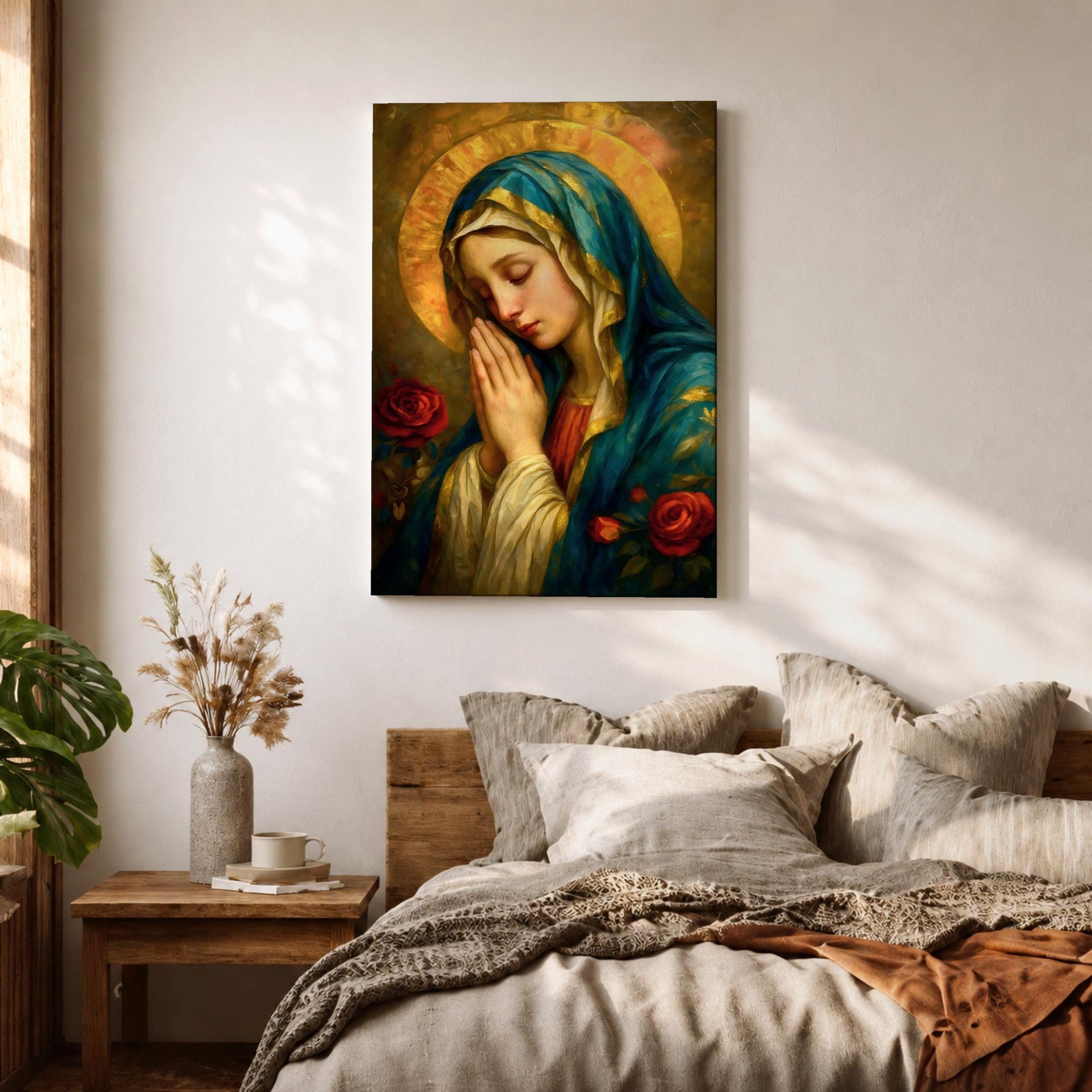 Portrait painting of the Blessed Virgin Mary shown with eyes gently closed and hands clasped in prayer, wearing a blue veil and cream garment while a radiant golden halo glows behind her head, with red roses appearing beside her in a devotional Madonna composition rendered in a soft classical style with warm painterly brushwork.