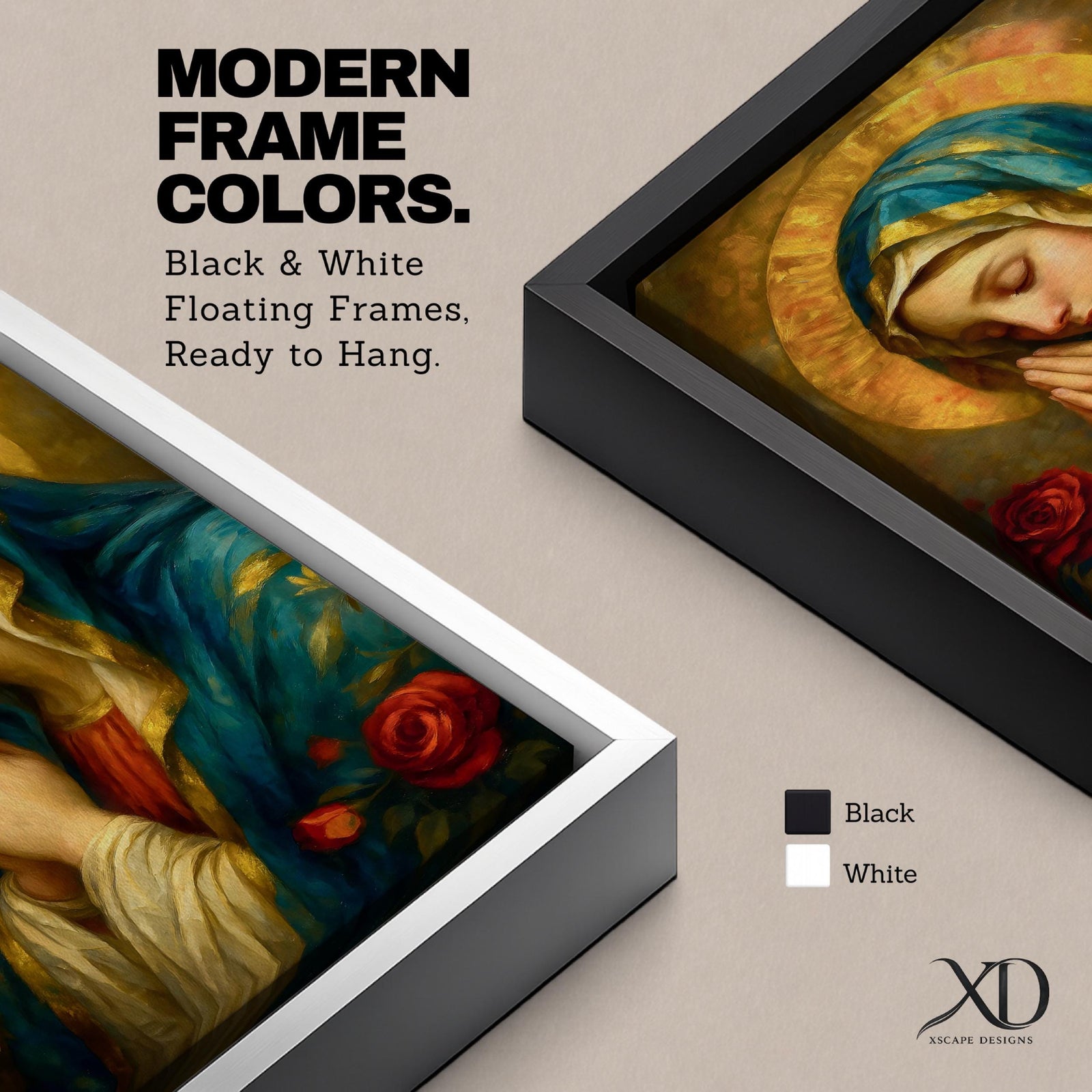 Portrait painting of the Blessed Virgin Mary shown with eyes gently closed and hands clasped in prayer, wearing a blue veil and cream garment while a radiant golden halo glows behind her head, with red roses appearing beside her in a devotional Madonna composition rendered in a soft classical style with warm painterly brushwork.