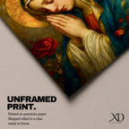 Portrait painting of the Blessed Virgin Mary shown with eyes gently closed and hands clasped in prayer, wearing a blue veil and cream garment while a radiant golden halo glows behind her head, with red roses appearing beside her in a devotional Madonna composition rendered in a soft classical style with warm painterly brushwork.