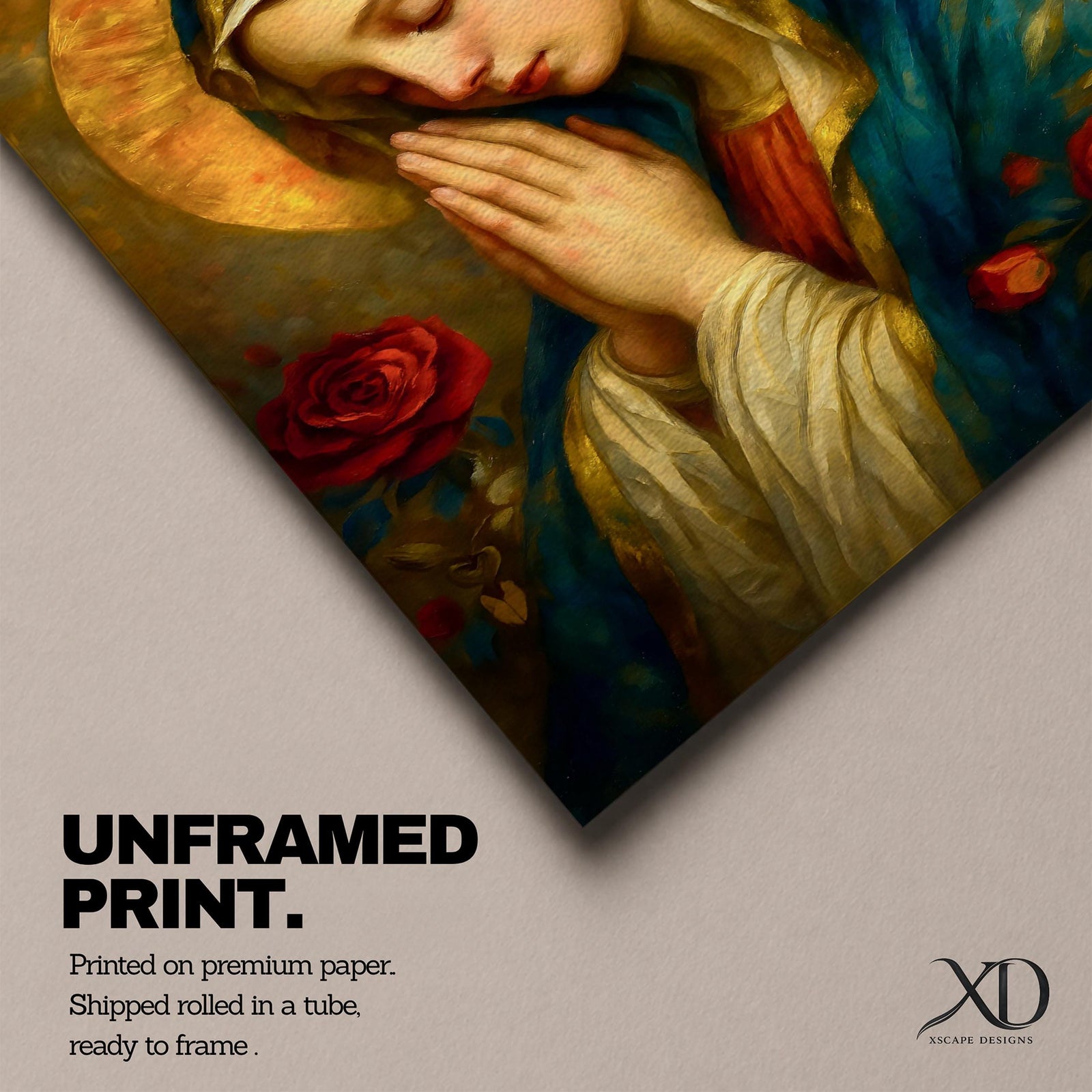 Portrait painting of the Blessed Virgin Mary shown with eyes gently closed and hands clasped in prayer, wearing a blue veil and cream garment while a radiant golden halo glows behind her head, with red roses appearing beside her in a devotional Madonna composition rendered in a soft classical style with warm painterly brushwork.
