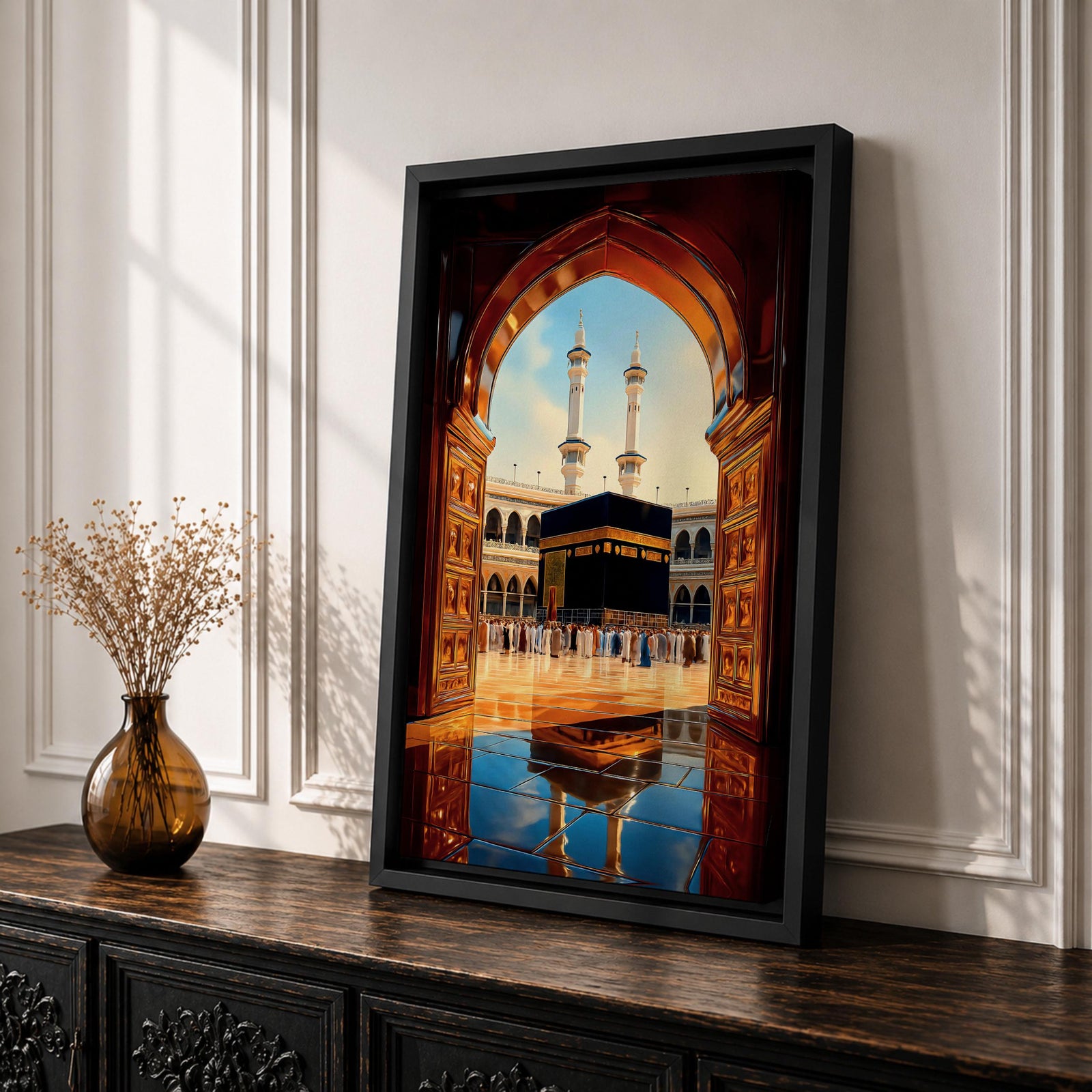 Illustration of the Kaaba at Masjid Al Haram in Mecca viewed through a grand doorway arch, featuring the sacred black cube at the center of the mosque courtyard surrounded by colonnades and distant minarets, rendered with balanced architectural detail and soft light that emphasizes the revered Islamic landmark.