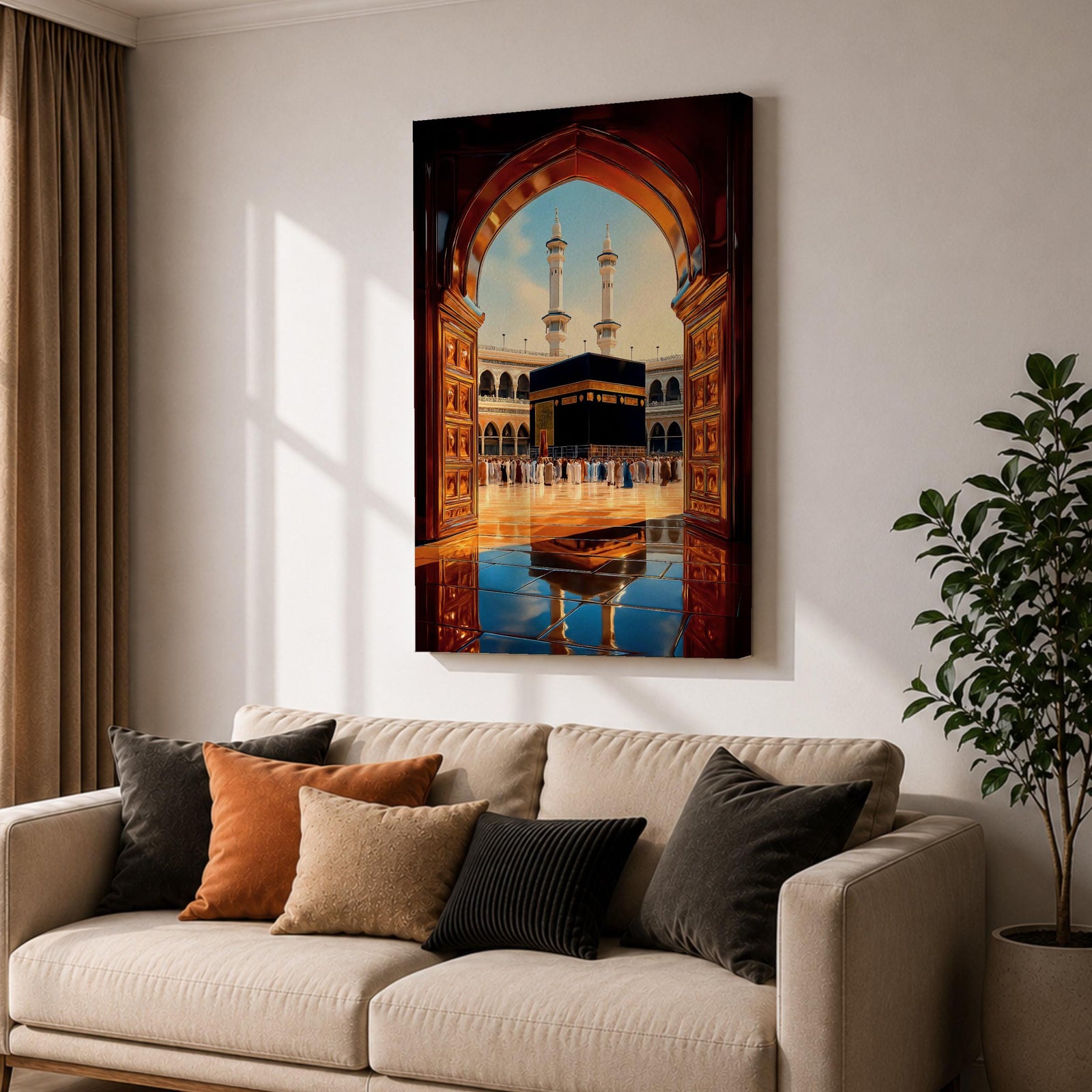 Illustration of the Kaaba at Masjid Al Haram in Mecca viewed through a grand doorway arch, featuring the sacred black cube at the center of the mosque courtyard surrounded by colonnades and distant minarets, rendered with balanced architectural detail and soft light that emphasizes the revered Islamic landmark.