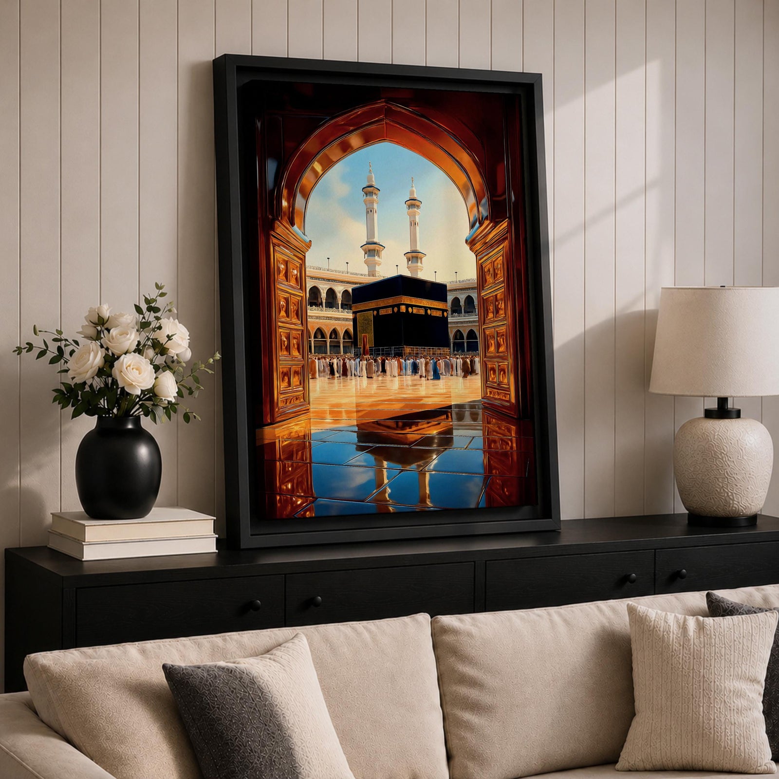 Illustration of the Kaaba at Masjid Al Haram in Mecca viewed through a grand doorway arch, featuring the sacred black cube at the center of the mosque courtyard surrounded by colonnades and distant minarets, rendered with balanced architectural detail and soft light that emphasizes the revered Islamic landmark.