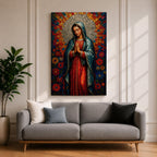 Mosaic style portrait of Our Lady of Guadalupe standing with hands folded in prayer, wearing a blue mantle over a red gown while a radiant circular halo of colorful geometric tiles spreads outward behind her head, surrounded by stylized flowers that frame the Virgen in a devotional composition inspired by stained glass mosaic artwork.