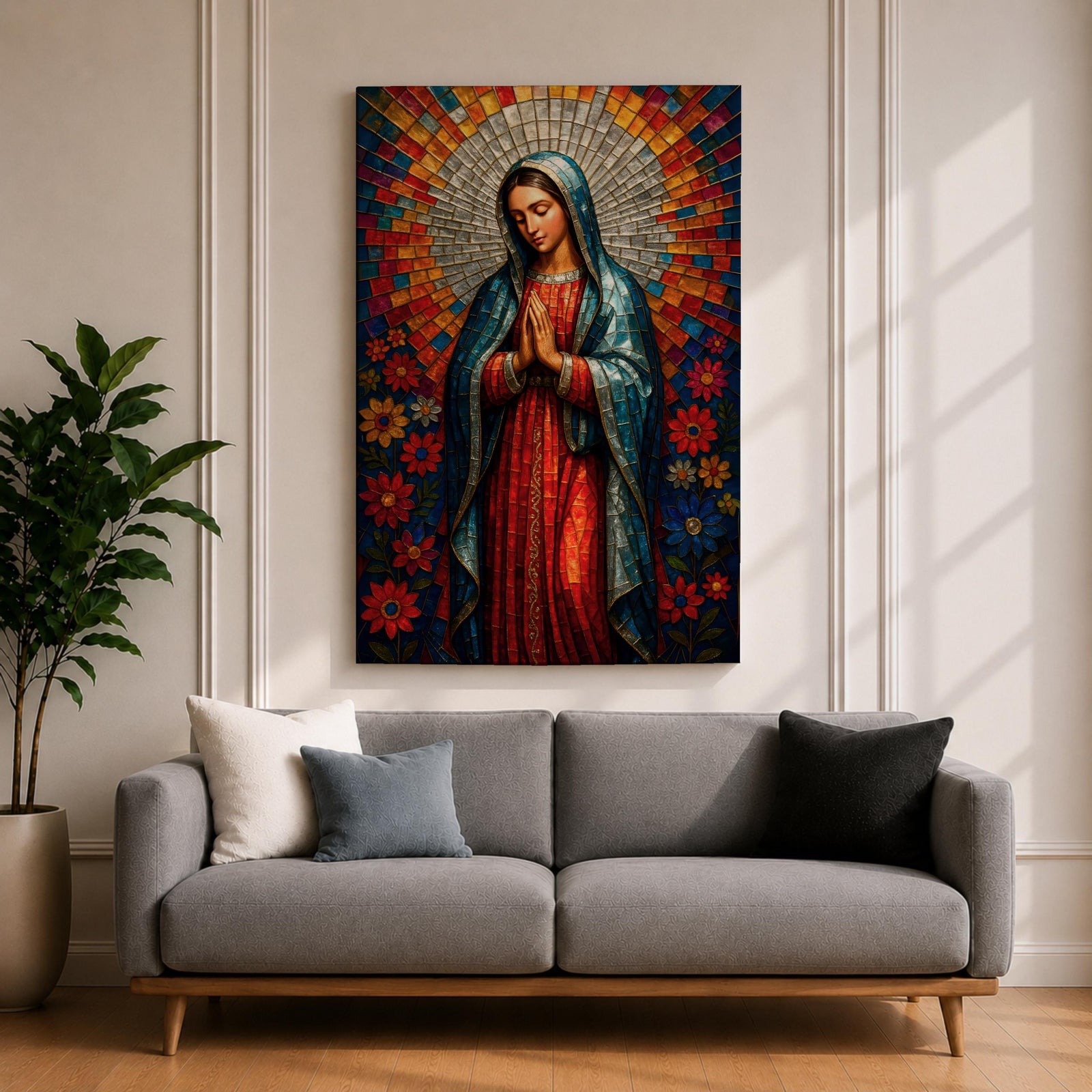 Mosaic style portrait of Our Lady of Guadalupe standing with hands folded in prayer, wearing a blue mantle over a red gown while a radiant circular halo of colorful geometric tiles spreads outward behind her head, surrounded by stylized flowers that frame the Virgen in a devotional composition inspired by stained glass mosaic artwork.