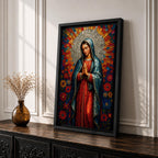 Mosaic style portrait of Our Lady of Guadalupe standing with hands folded in prayer, wearing a blue mantle over a red gown while a radiant circular halo of colorful geometric tiles spreads outward behind her head, surrounded by stylized flowers that frame the Virgen in a devotional composition inspired by stained glass mosaic artwork.