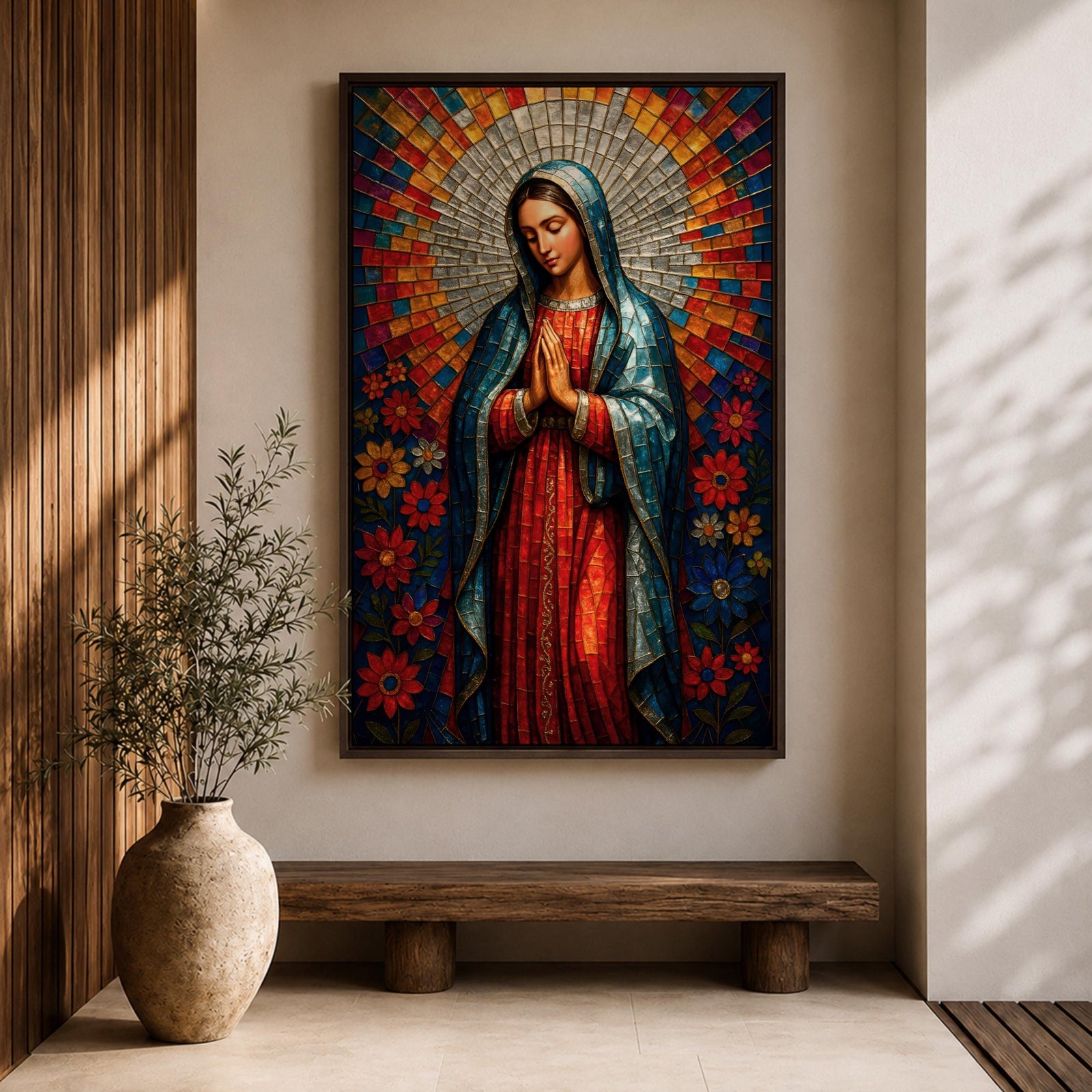 Mosaic style portrait of Our Lady of Guadalupe standing with hands folded in prayer, wearing a blue mantle over a red gown while a radiant circular halo of colorful geometric tiles spreads outward behind her head, surrounded by stylized flowers that frame the Virgen in a devotional composition inspired by stained glass mosaic artwork.
