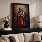 Mosaic style portrait of Our Lady of Guadalupe standing with hands folded in prayer, wearing a blue mantle over a red gown while a radiant circular halo of colorful geometric tiles spreads outward behind her head, surrounded by stylized flowers that frame the Virgen in a devotional composition inspired by stained glass mosaic artwork.