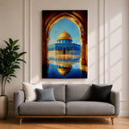 Illustration of Masjid Al Aqsa in Jerusalem viewed through a grand archway, featuring the mosque courtyard with the iconic golden dome rising in the distance, surrounded by historic stone architecture and arches, rendered with balanced architectural detail and warm light in a refined Islamic architectural composition.