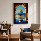 Illustration of Masjid Al Aqsa in Jerusalem viewed through a grand archway, featuring the mosque courtyard with the iconic golden dome rising in the distance, surrounded by historic stone architecture and arches, rendered with balanced architectural detail and warm light in a refined Islamic architectural composition.
